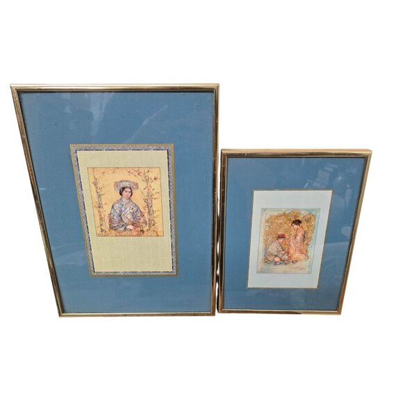 Set of 2 Edna Hibel Prints Gold Framed & Blue Matted Art - Picture 1 of 7